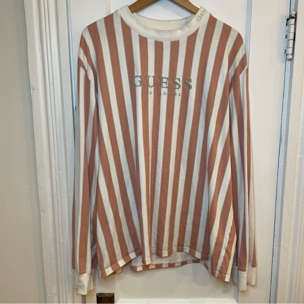 Guess | Oversized Long Sleeve Shirt - Pink and White ; Mens XL
